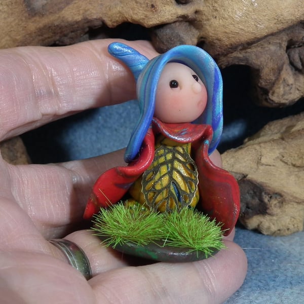 Tiny Meadow Gnome on grassy tableau OOAK Sculpt by Ann Galvin