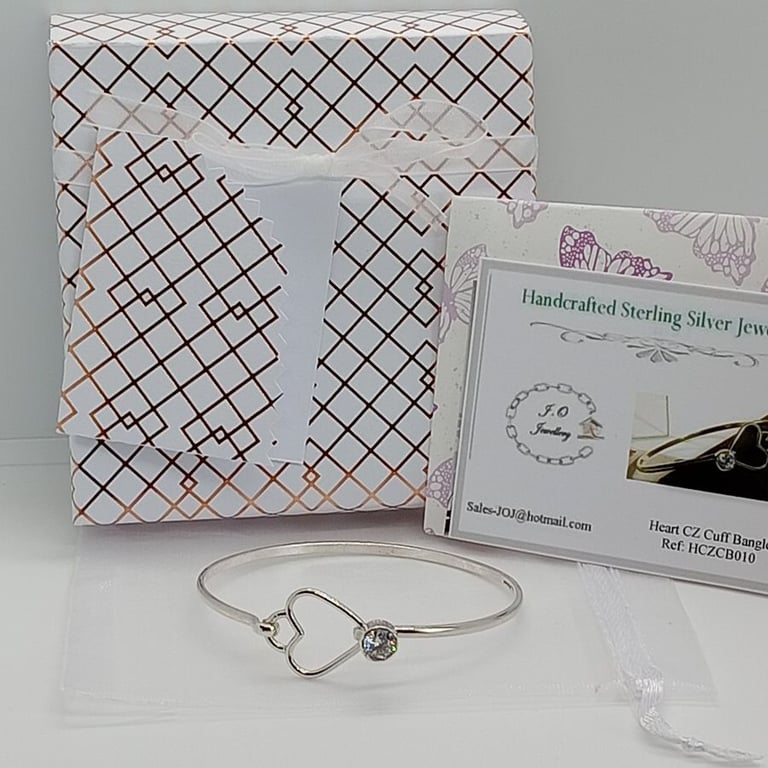 Silver Heart Bangle Hallmarked with CZ , Various Sizes , Gift Boxed 