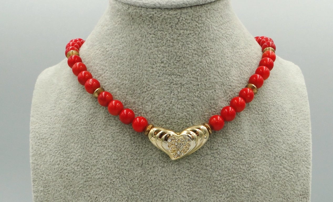 Red bead necklace with recycled centre heart Gold and crystal