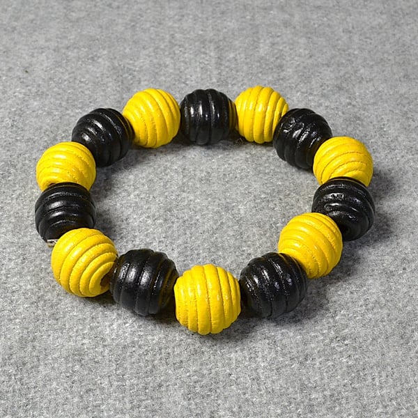 Black and Yellow Wooden Beehive Bead Elastic Bracelet