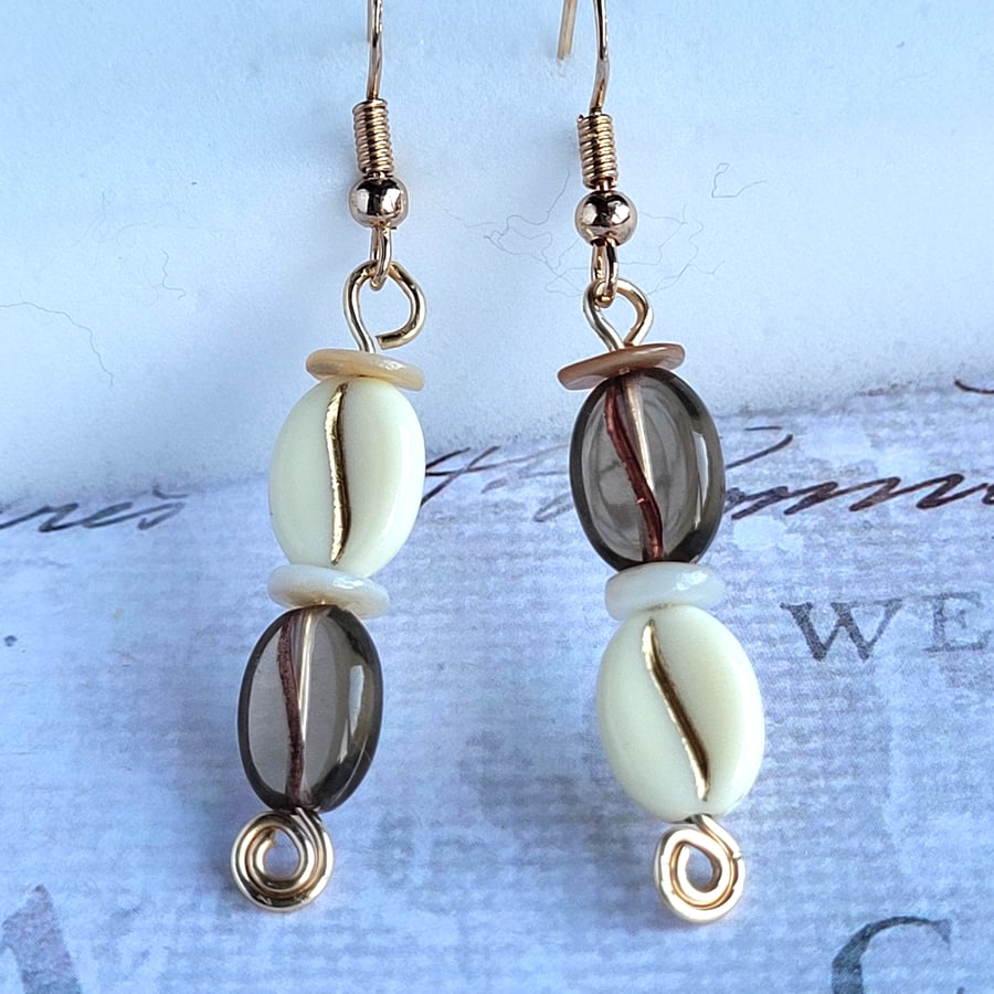 Coffee Bean Earrings, Cappuccino Beads with Natural Shell Spacers