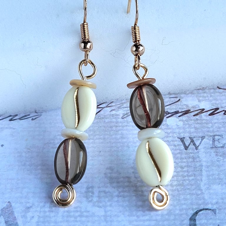 Coffee Bean Earrings, Cappuccino Beads with Natural Shell Spacers