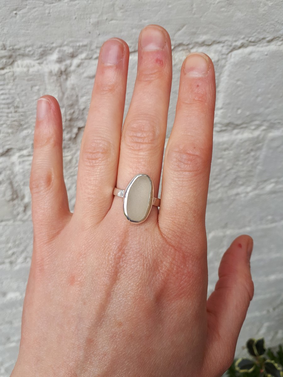 Oval beige grey seaglass ring