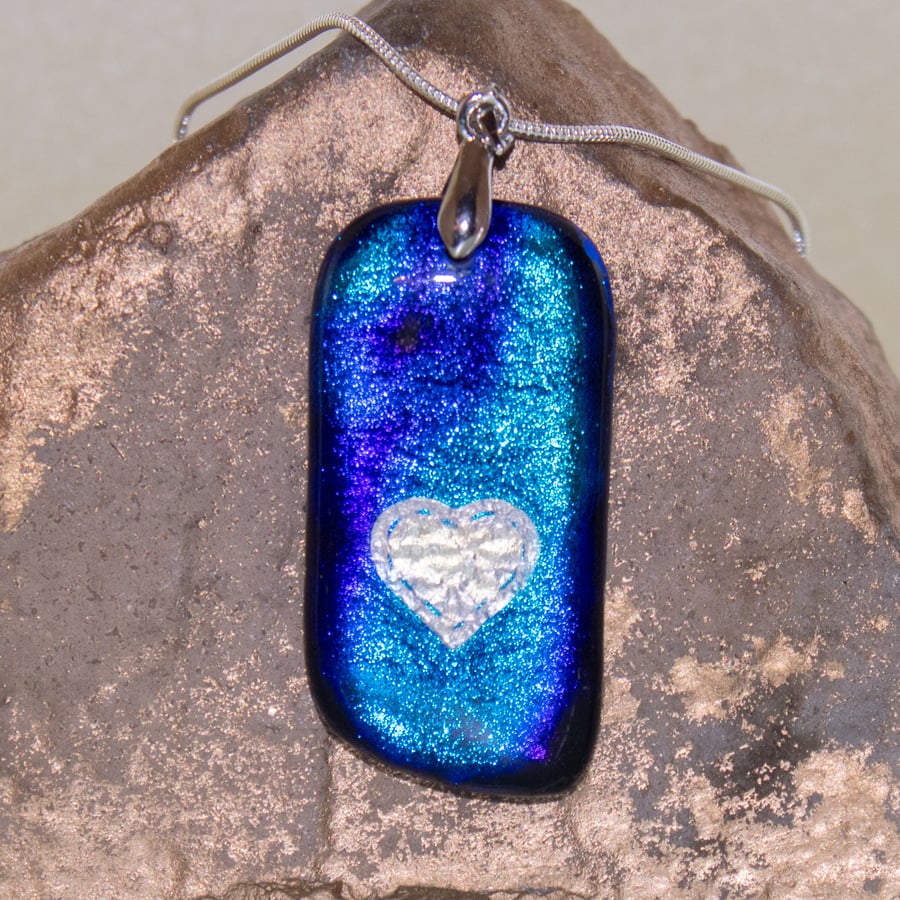 Blue with Silver Heart Pendant - Fused Dichroic Glass - 1147