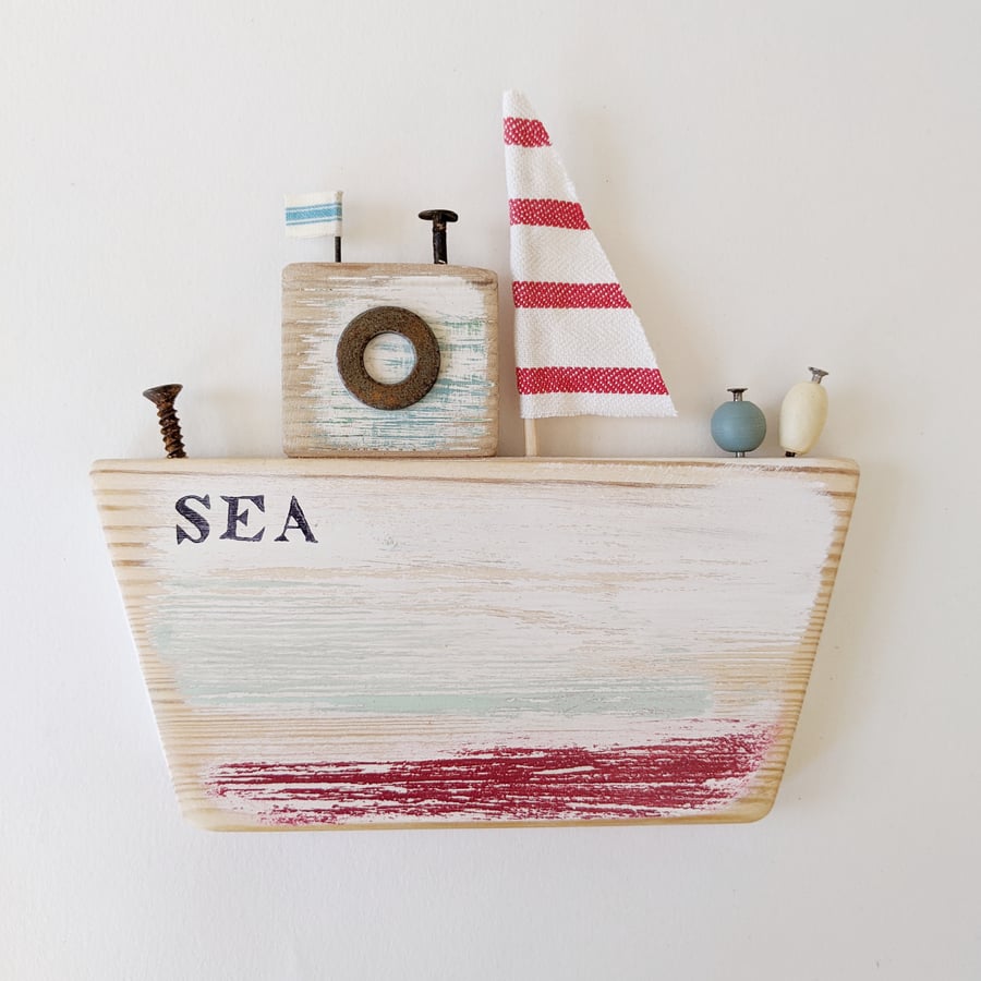 Large Rustic Wooden Boat Hanging 'SEA'