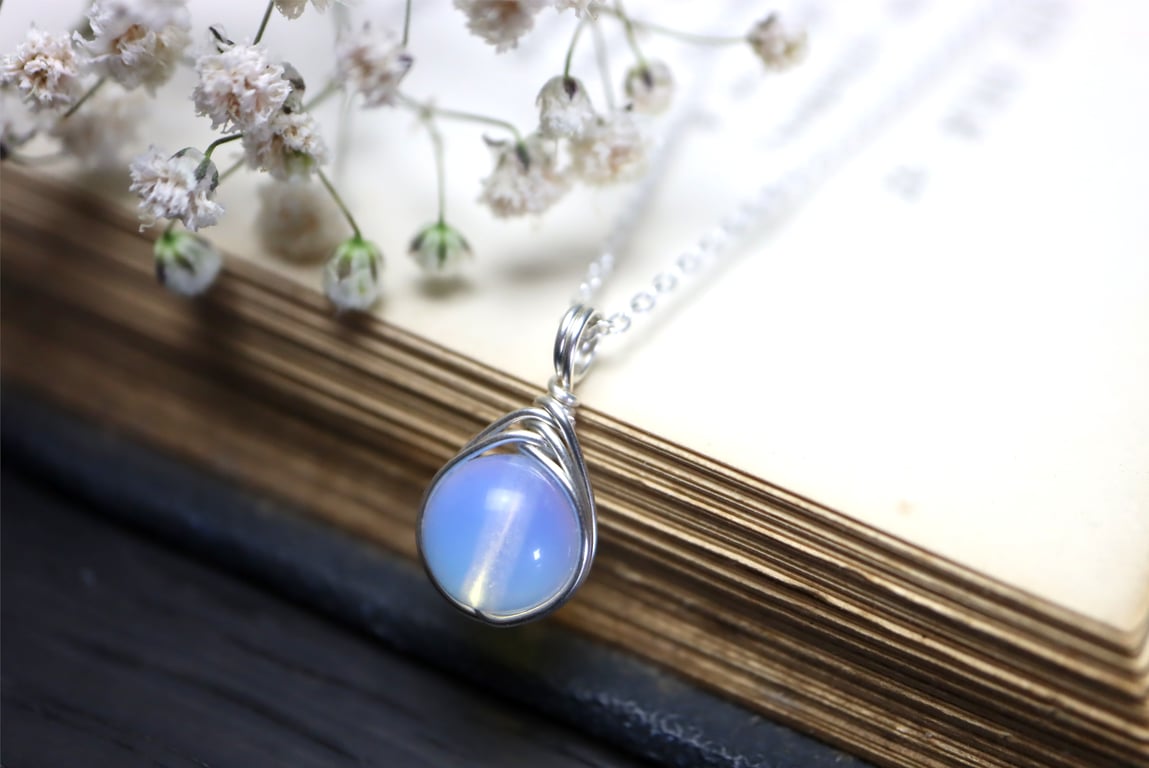 Opalite Necklace Wire Wrapped in Sterling Silver
