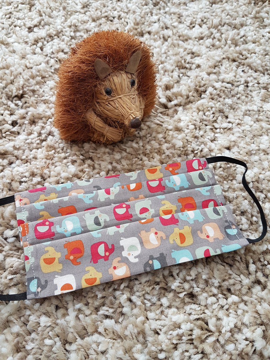 Small Adult or Teenager face covering – grey mini elephant print material