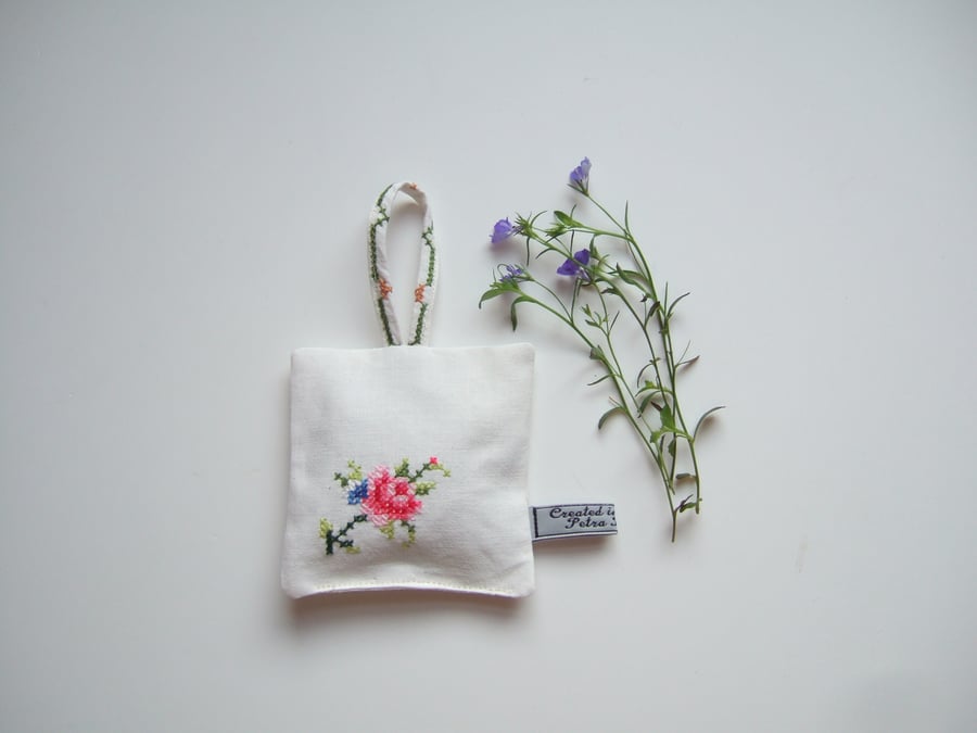 Vintage rose embroidered lavender bag with dried Yorkshire lavender.