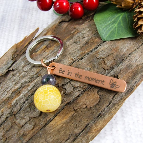 Bag Charm, Copper Bar Laser Engraved Be in the Moment with Yellow & Black Agate