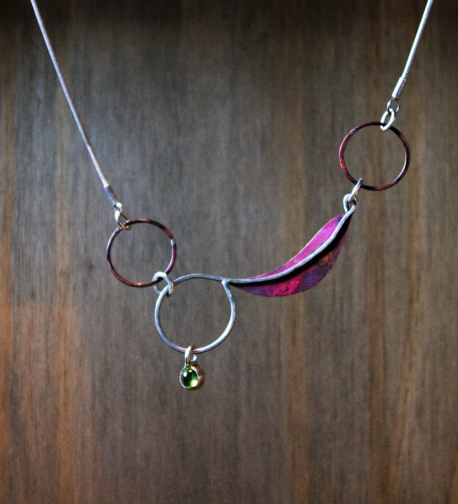  Silver & Copper Autumn Leaf Necklace with a Peridot 