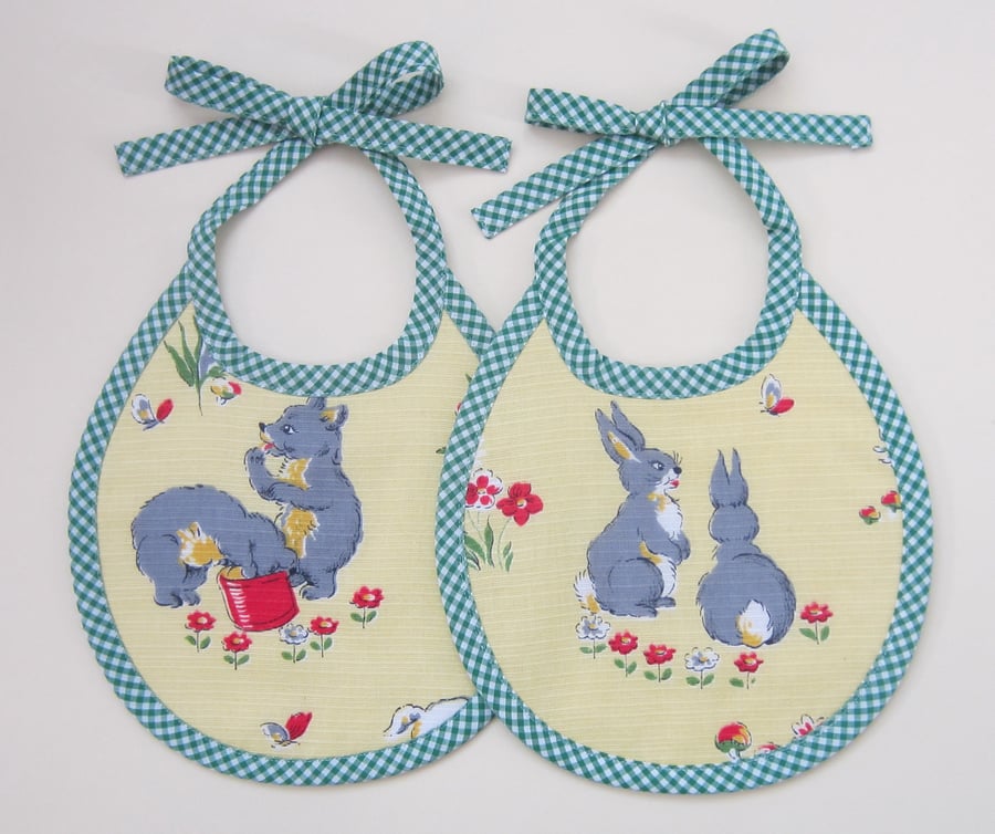 Pair of Vintage First Size Babies Bibs - Bunny Rabbit Bib and Bear Bib