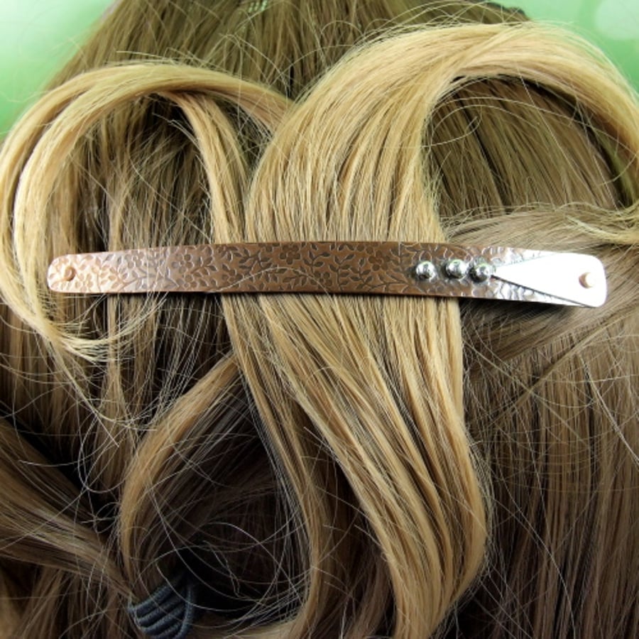 Hair Barrette, Long Slim Copper Hair Slide with Geometric Shapes Pattern