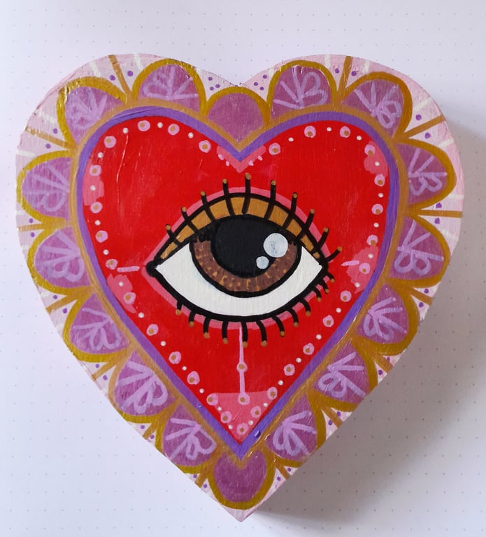 Sacred Heart of Sight - Hand-Painted Folk Talisman on Reclaimed Wood - Small 