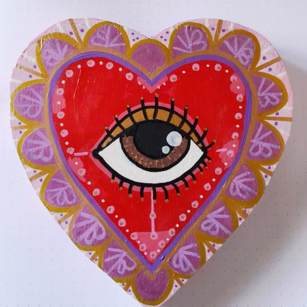 Sacred Heart of Sight - Hand-Painted Folk Talisman on Reclaimed Wood - Small 
