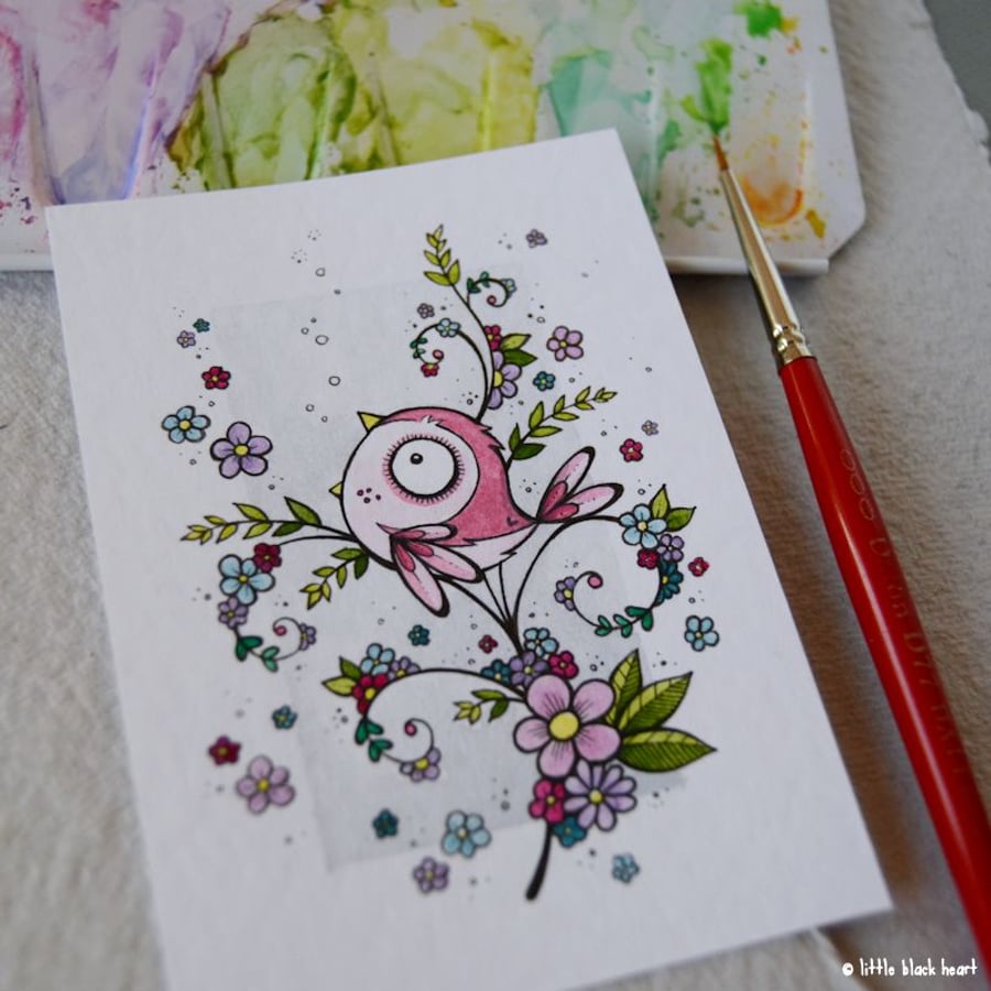 pink blossombird - original aceo