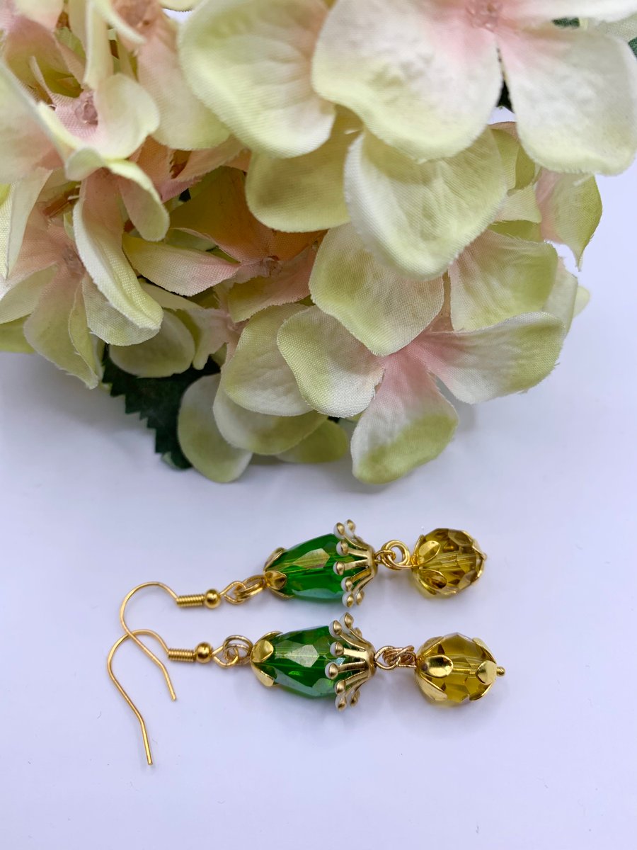 Dangle Celtic Style Earrings Handmade in Emerald Green and Gold Crystals 