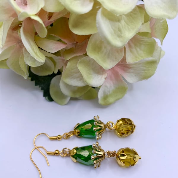 Dangle Celtic Style Earrings Handmade in Gorgeous Green and Gold Crystals 