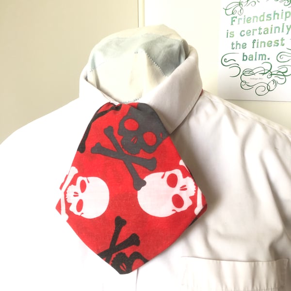 Cravat Tie Skull Print Hair Accessory Red with Black, Grey and White Pirate 