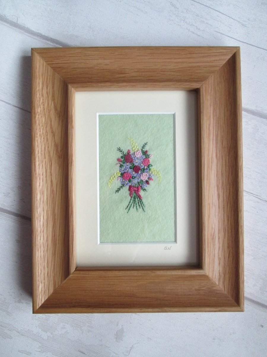 SOLD - Hand Embroidered Bouquet of Flowers in Solid Oak Frame