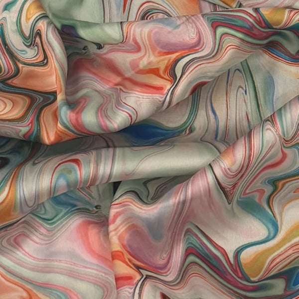 Lime Green Multicoloured Waves Print Charmeuse Satin Fabric 45'' PRICE PER METER
