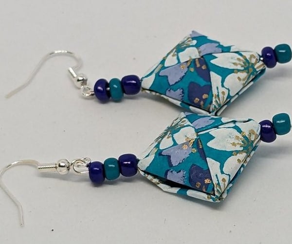   Japanese square paper earrings: turquoise, navy blue, purple, grey and white