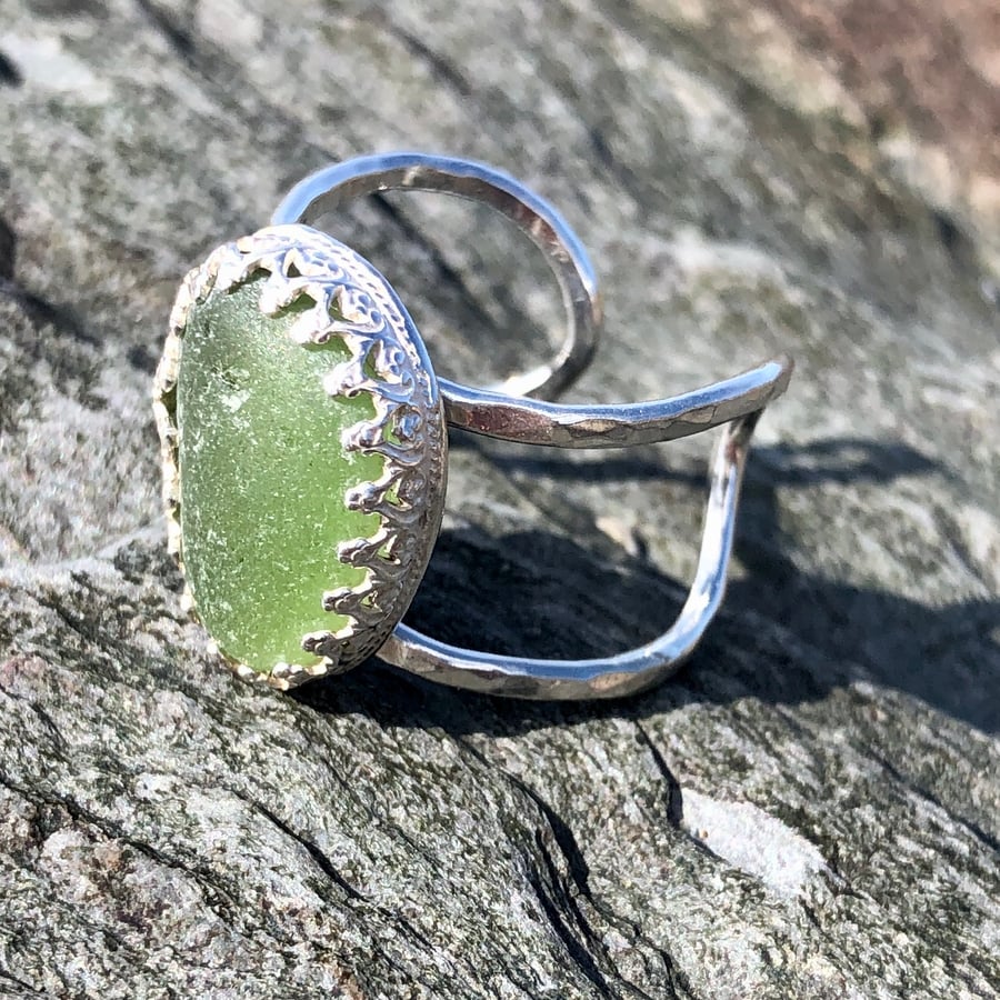 Sage Green Statement Sea Glass and Sterling Silver Ring- Adjustable  - 1088