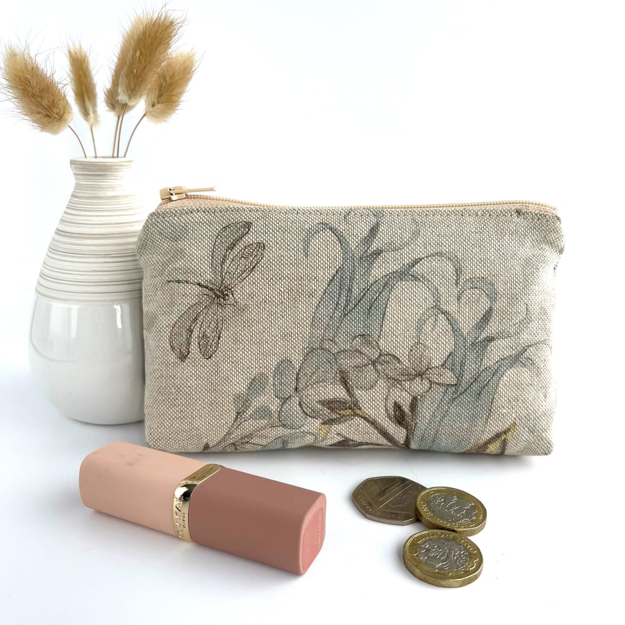 Coin Purse with Dragonfly and Blue Flowers, Large Purse