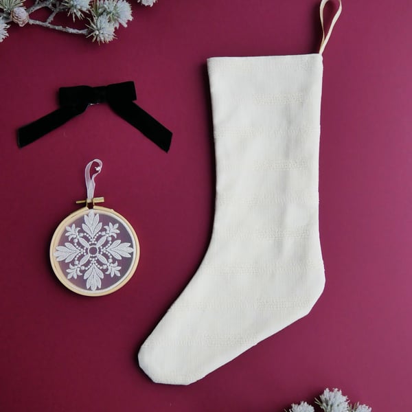 Medium Christmas Stocking with Horizontal Dash Pattern in Ivory.