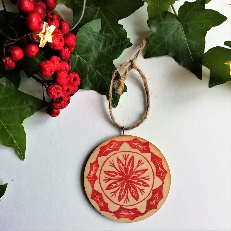 Handprinted Wooden Tree Decoration in Red