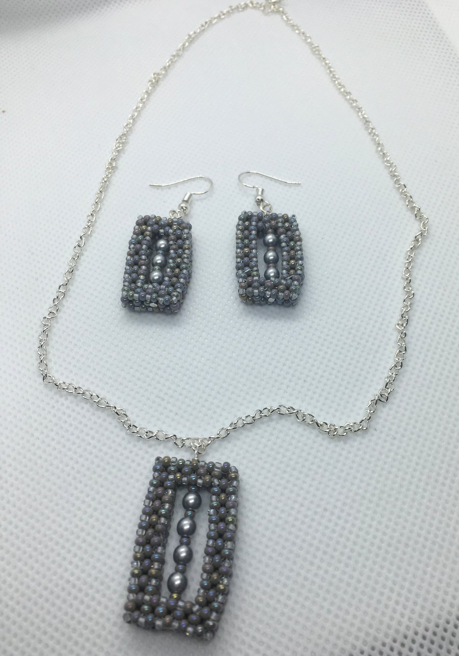 Grey beaded rectangle necklace and earrings set