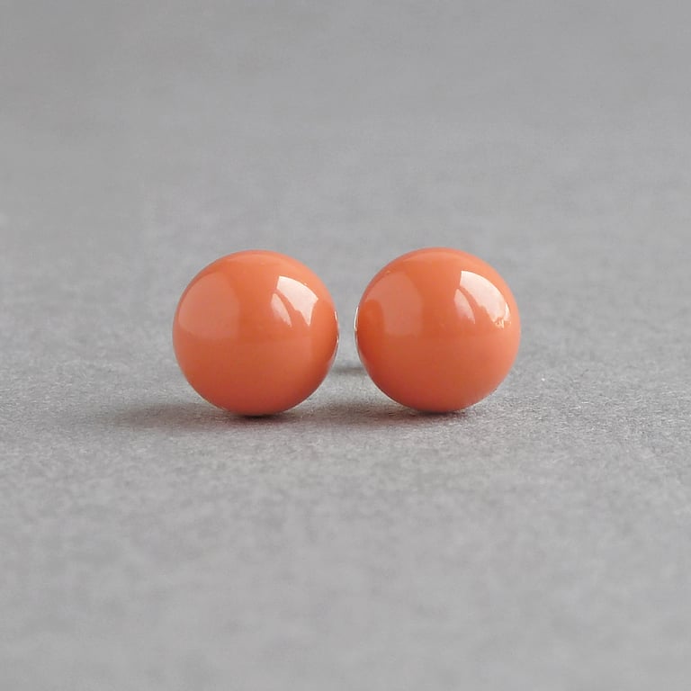 Orange Stud Earrings - 8mm Round Coral Orange Pearl Studs - Jewellery for Women
