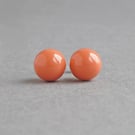 Orange Stud Earrings - 8mm Round Coral Orange Pearl Studs - Jewellery for Women