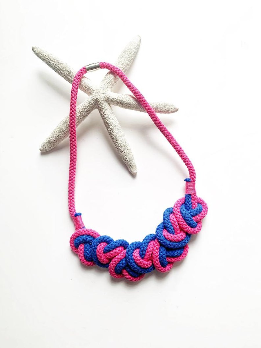 Hot pink cotton rope necklace with heart design, Chunky necklace (Free Shipping)
