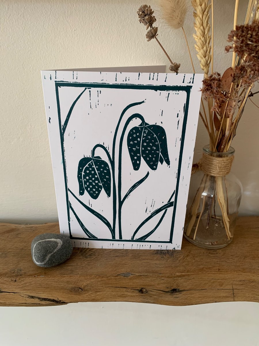 original lino print card of snakes head fritillary flowers