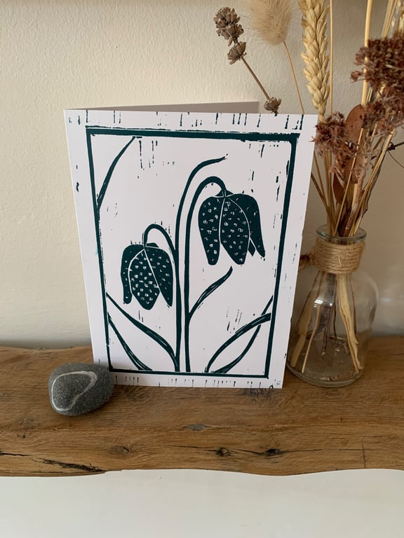 original lino print card of snakes head fritillary flowers