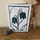 original lino print card of snakes head fritillary flowers