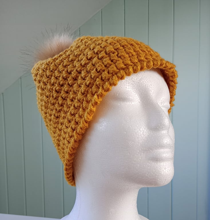 Crochet ladies mustard winter beanie with faux fur pom
