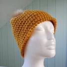 Crochet ladies mustard winter beanie with faux fur pom