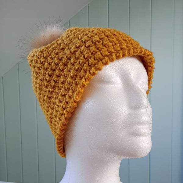 Crochet ladies mustard winter beanie with faux fur pom