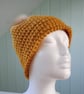 Crochet ladies mustard winter beanie with faux fur pom