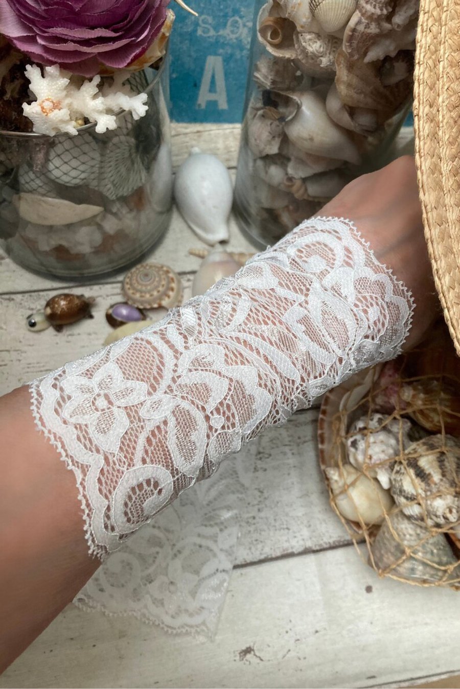Lace long cuffs pair off white wedding accessories , prom