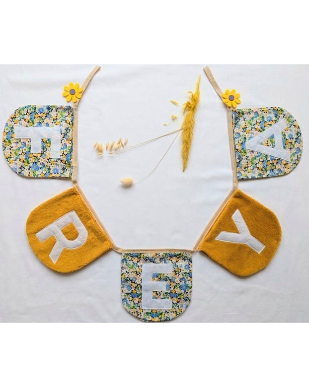 Personalised Floral Name Garland, Mustard Velour & Liberty Style Nursery Bunting