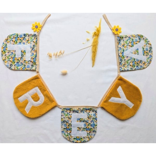Personalised Floral Name Garland, Mustard Velour & Liberty Style Nursery Bunting
