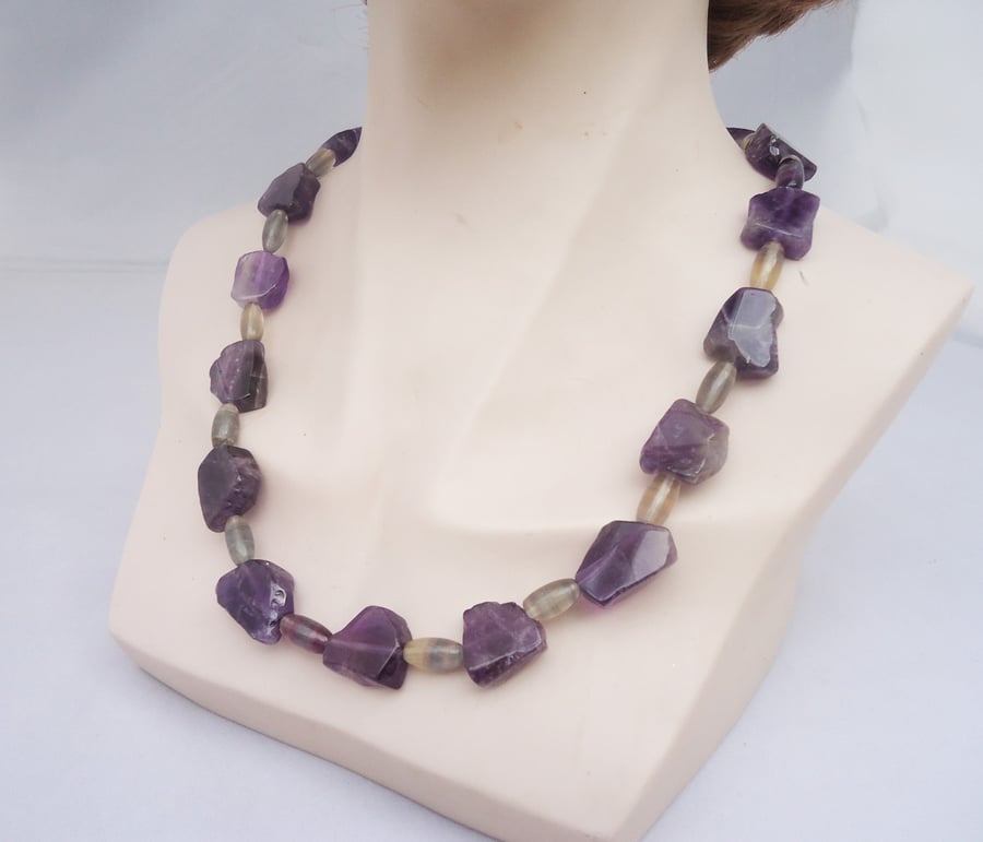 Amethyst Nuggets Necklace, Amethyst and Fluorite Necklace, Amethyst Statement 