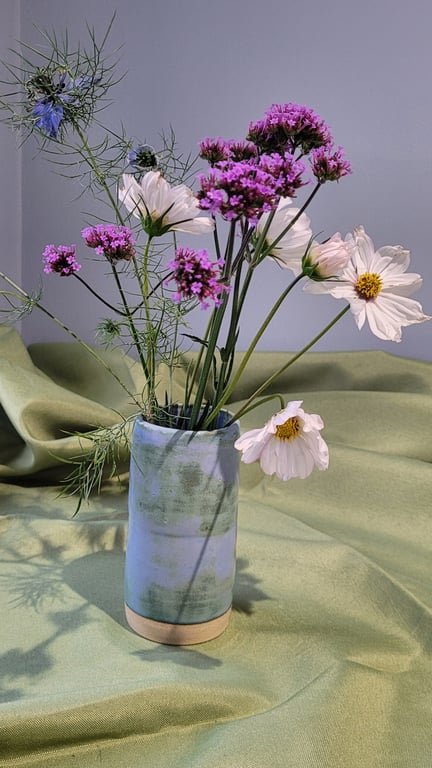 Sky blue and green cylinder vase handmade pottery