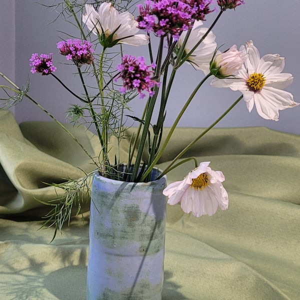 Sky blue and green cylinder vase handmade pottery