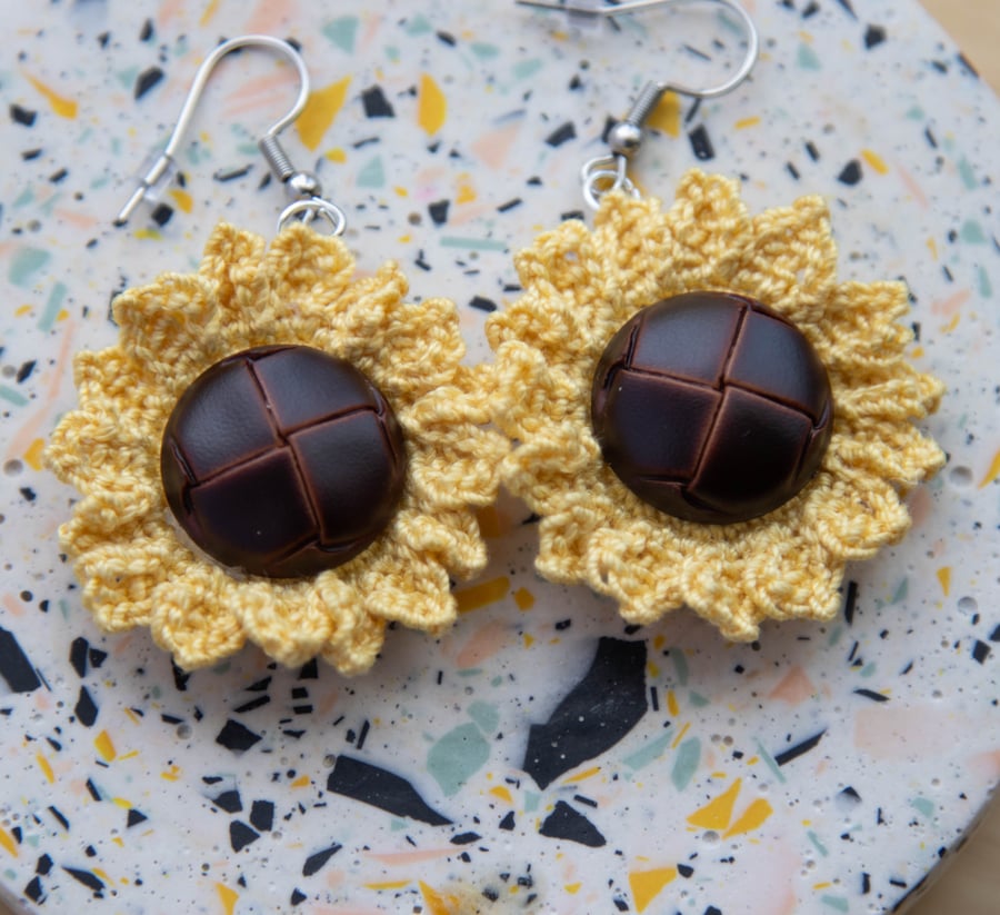 Handmade Micro Crochet Sunflower Earrings - Hypoallergenic