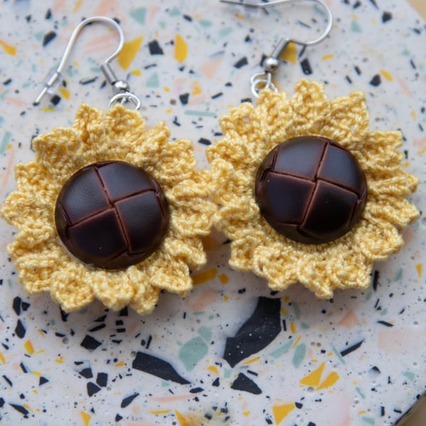 Handmade Micro Crochet Sunflower Earrings - Hypoallergenic