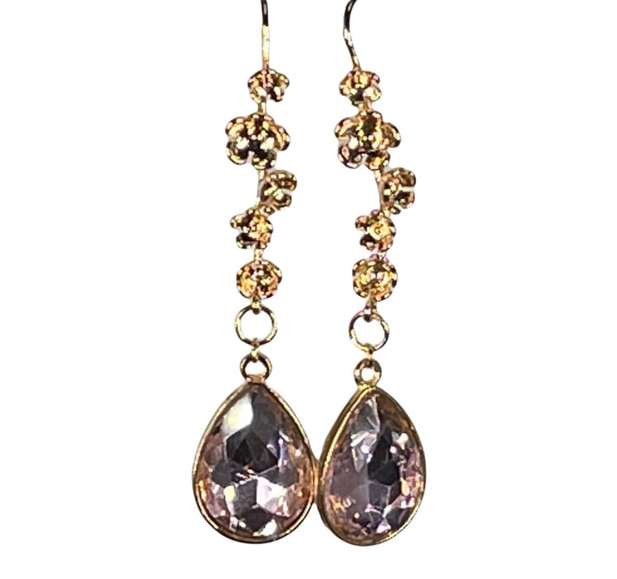 CRYSTAL BLOSSOM EARRINGS champagne gold pink crystal stone drop earrings Japanes