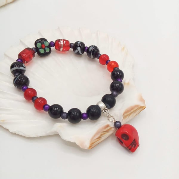 Red and Black Bead Halloween Bracelet with a Red Skull, Halloween